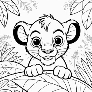 Kleurplaat nieuwsgierige Simba tussen bladeren