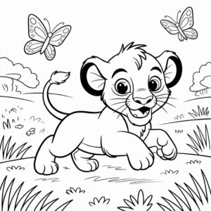 Kleurplaat speelse Simba met vlinders