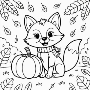 Kleurplaat vos met pompoen in de herfst