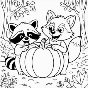 Kleurplaat wasbeer en vos met pompoen