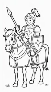 Lachende ridder met speer en schild op paard