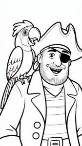 Lustiger Papagei beim Piraten – kostenlose Ausmalseite