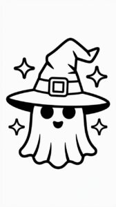 Printbare kleurplaat spookje met een heksenhoed