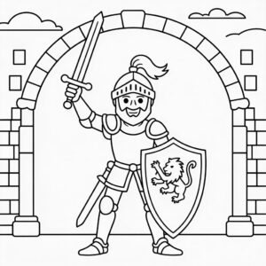 Ridder kleurplaat onder de kasteelpoort