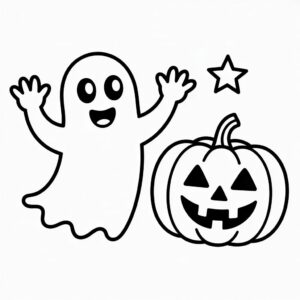Spookje en pompoen kleurplaat printen