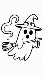 Spookje met een heksenhoed kleurplaat PDF