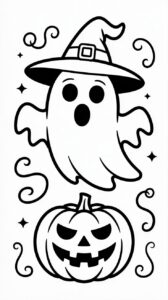 Spookje met een heksenhoed kleurplaat gratis