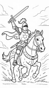 Strijdende ridder zwaait zijn zwaard in galop