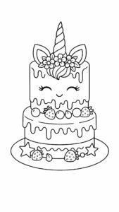 kleurplaat eenhoorn taart verjaardag