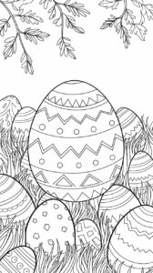 Página para colorear: conejo con huevos de Pascua
