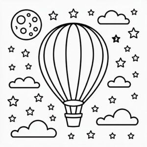 Ausmalbild Ballon bei Nacht gratis zum Herunterladen