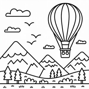 Ausmalbild Heißluftballon in den Bergen gratis downloaden