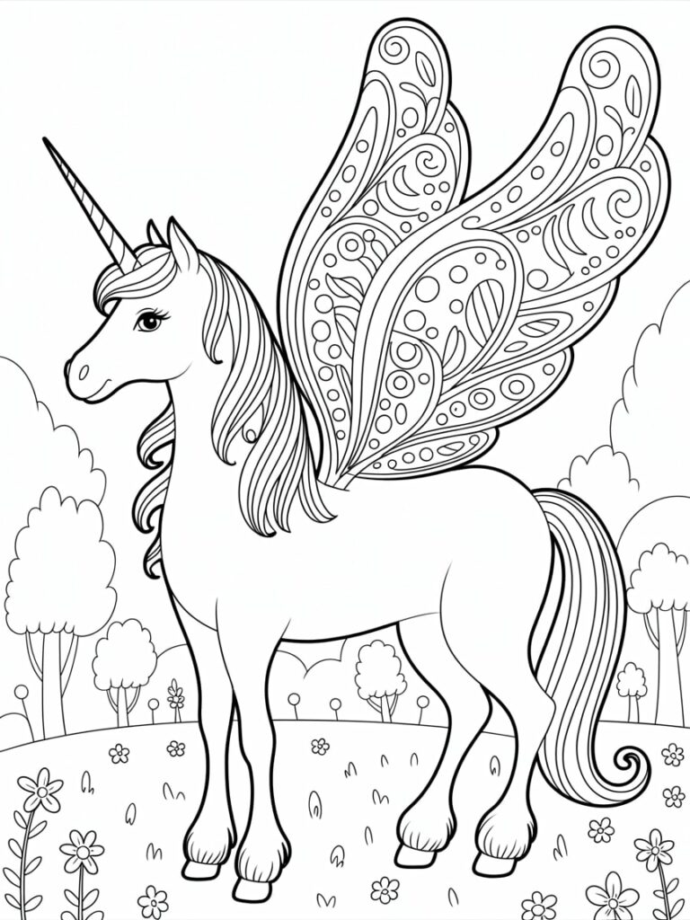 Butterfly Winged Unicorn Coloring Page For Kids.
