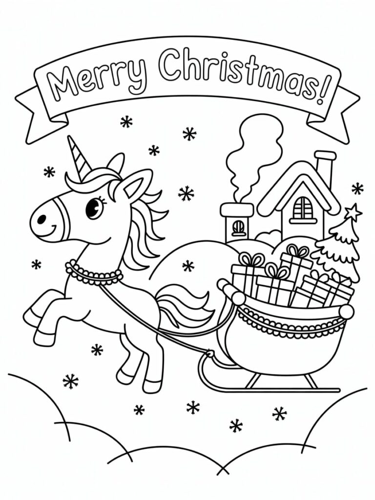 Christmas Unicorn Pulling Sleigh Coloring Page