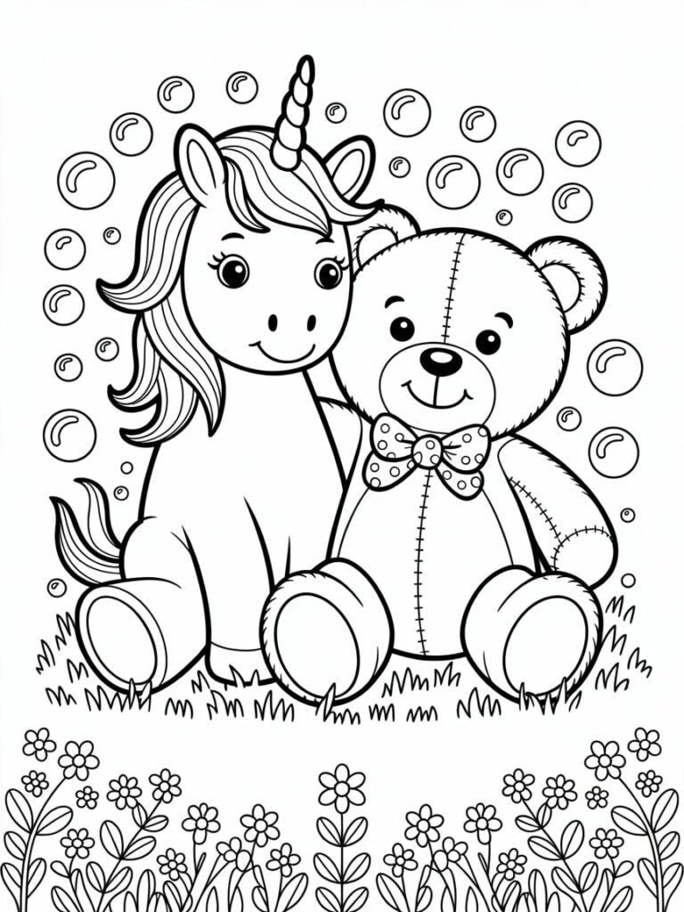 Cute Unicorn And Teddy Bear Coloring Page For Kids