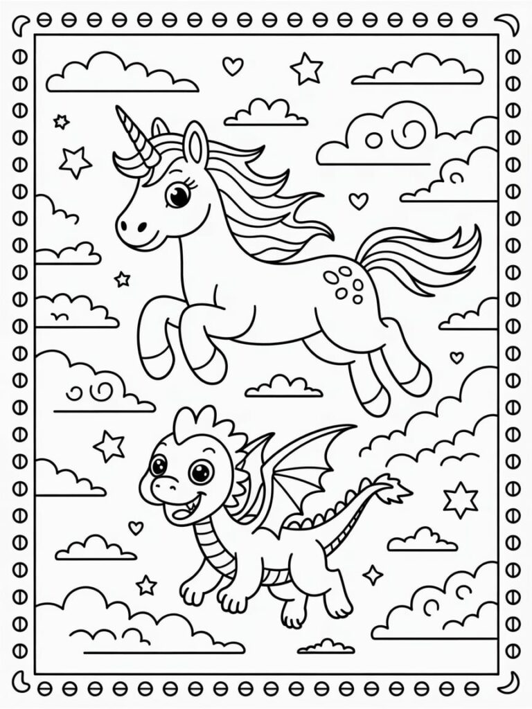 Cute Unicorn And dragon Coloring Page