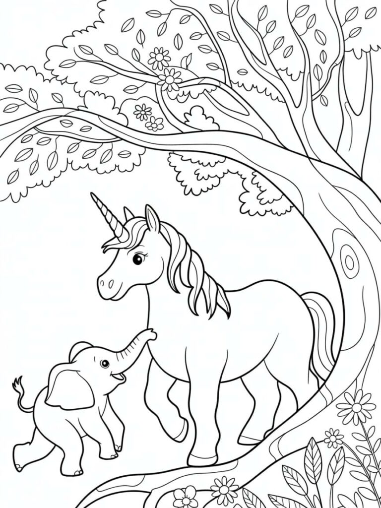 Cute Unicorn And elephant Coloring Page