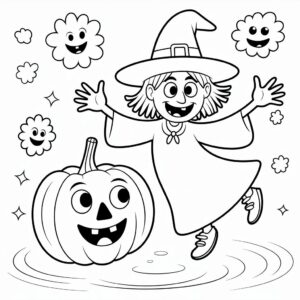 Dansende heks met vrolijke pompoen kleurplaat