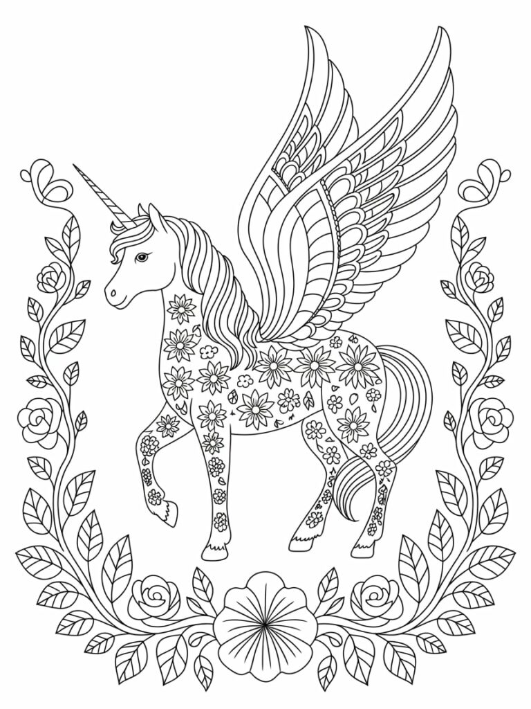 Flower Patterned Unicorn Coloring Page For Adults