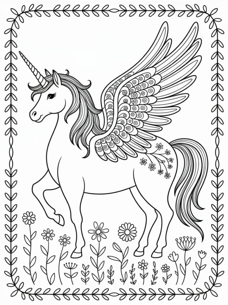 Flower Themed Unicorn With Wings Coloring Page