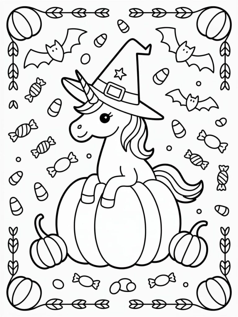 Halloween Unicorn With Candy And Bats Coloring Page
