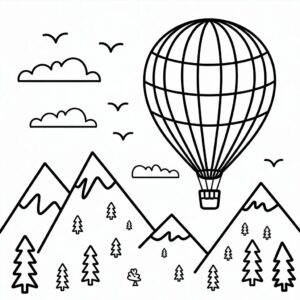 Heißluftballon über Berglandschaft – kostenlose Druckvorlage