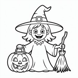 Heks met bezem en trick-or-treat pompoen kleurplaat