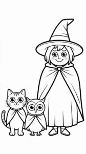 Heks met kat en uil in capes kleurplaten