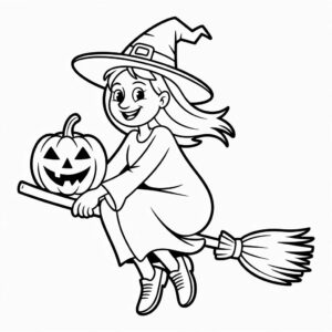 Heks op bezem met lachende pompoen kleurplaat
