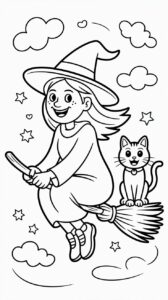 Heks op bezemsteel met kat in de lucht