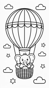 Lustige Tiere im Heißluftballon – kostenlose Ausmalseite