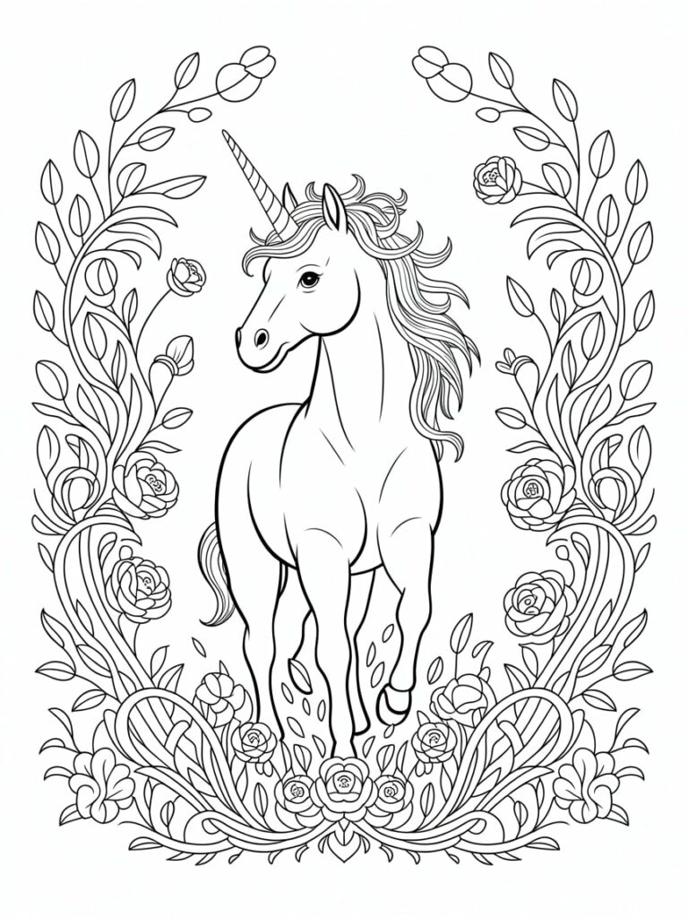 Majestic Unicorn With Floral Frame Coloring Page