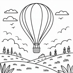 Malvorlage Heißluftballon mit Bergen – jetzt kostenlos drucken