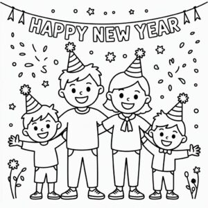 Nieuwjaarsfeest met Familie kleurplaat printen