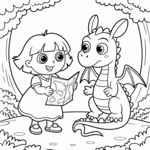 Prinses Dora leest een kaart aan een draak