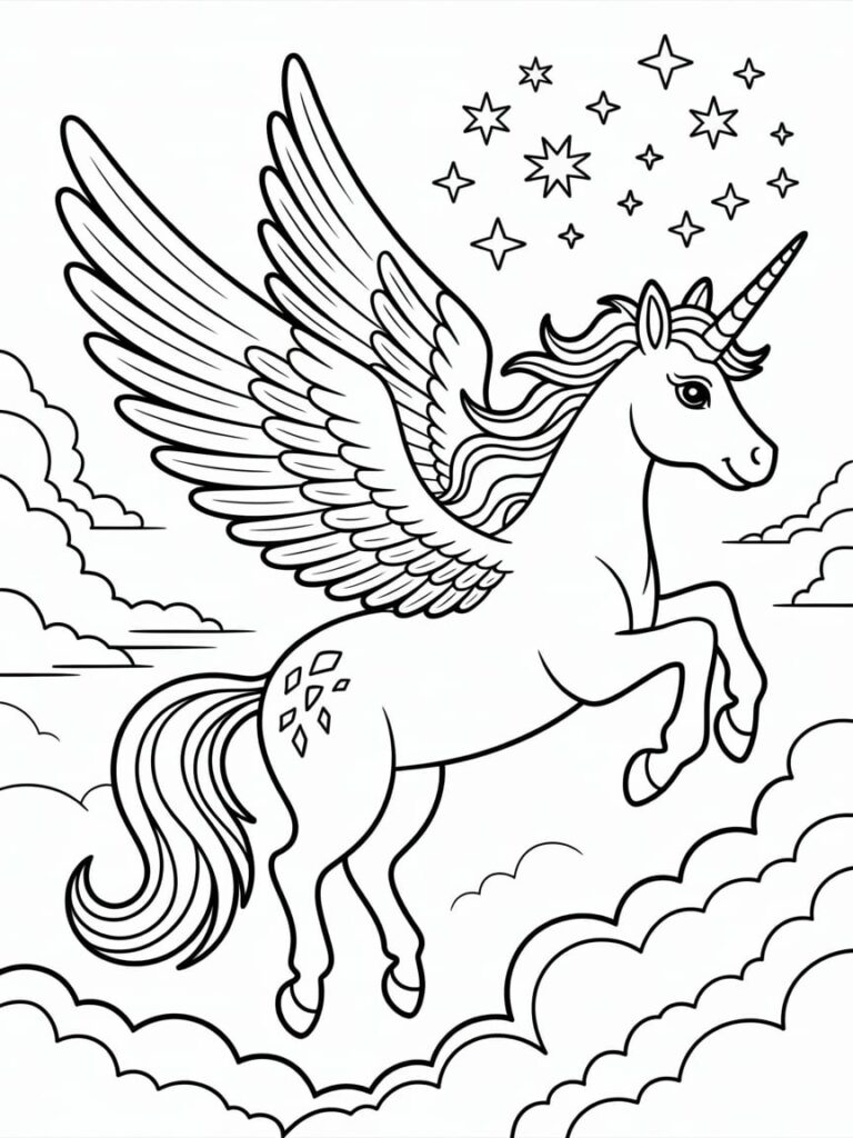 Rainbow Flying Unicorn Coloring Page