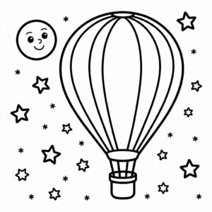 Sternenhimmel mit Heißluftballon – kostenlose Malvorlage