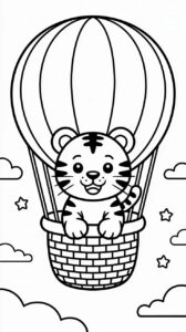 Tierfreunde im Heißluftballon – Malvorlage kostenlos