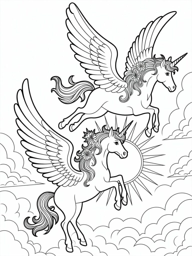 Two Winged Unicorns Flying Towards Sun Coloring Page