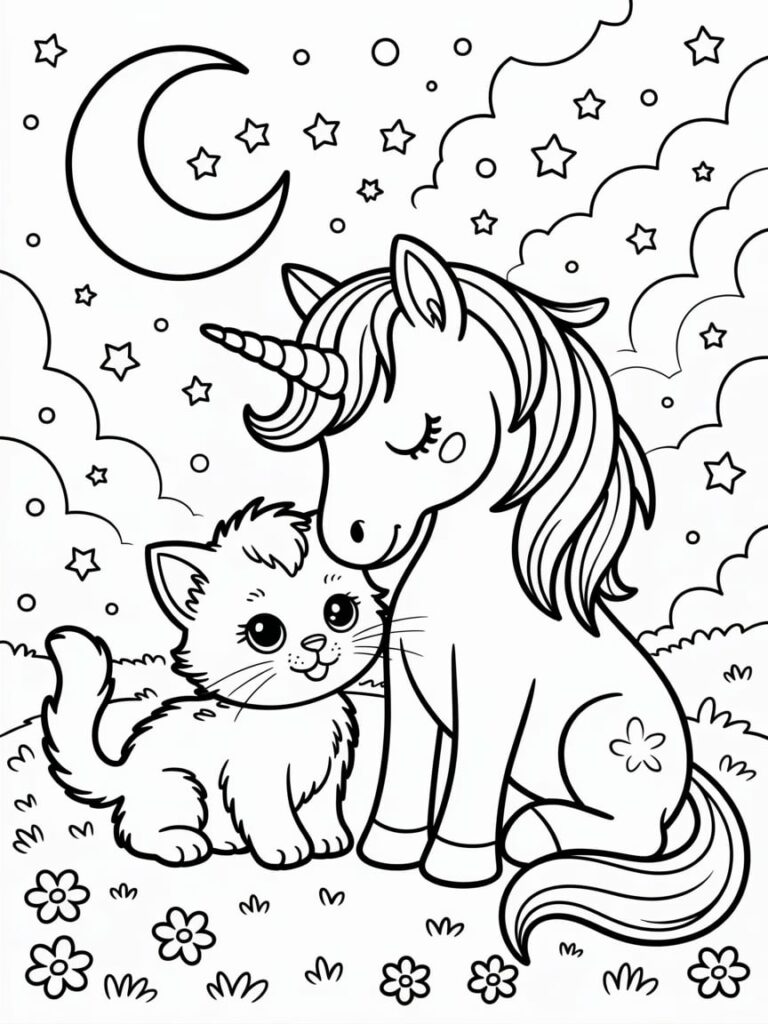 Unicorn And Cat coloring pages