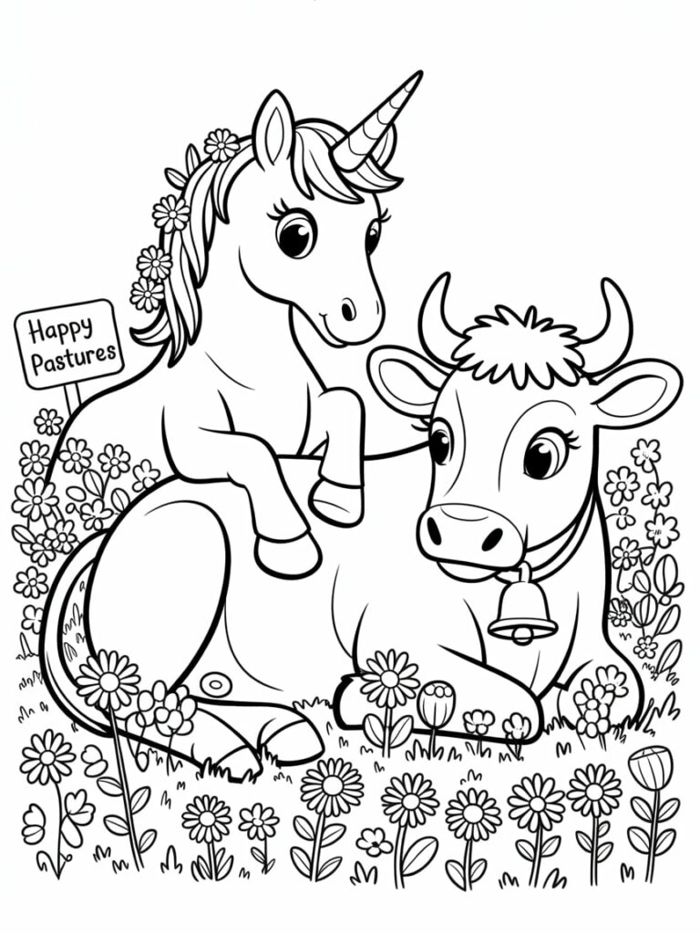 Unicorn And Cow Coloring Page On A Farm