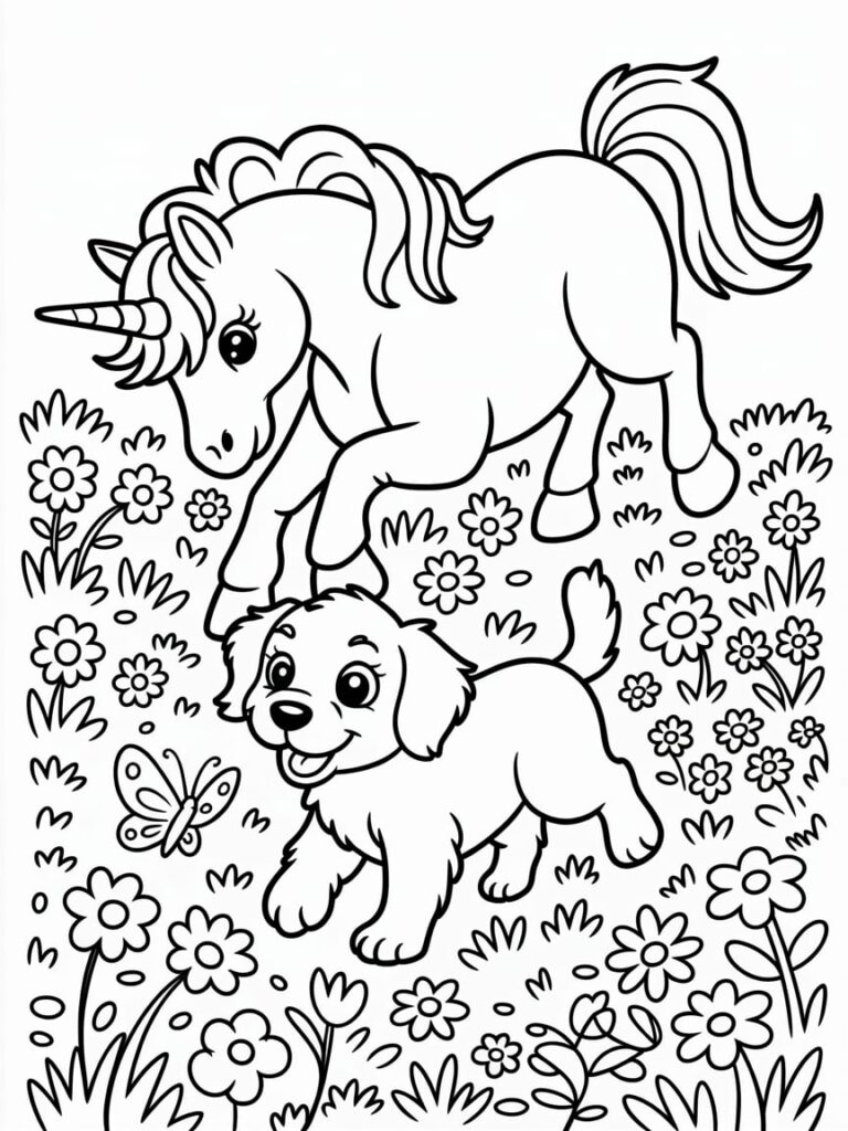 Unicorn And Dog Coloring Page For Kids