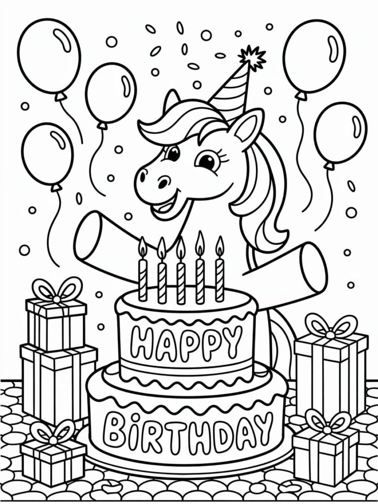 Unicorn Birthday Party With Cake Coloring Page