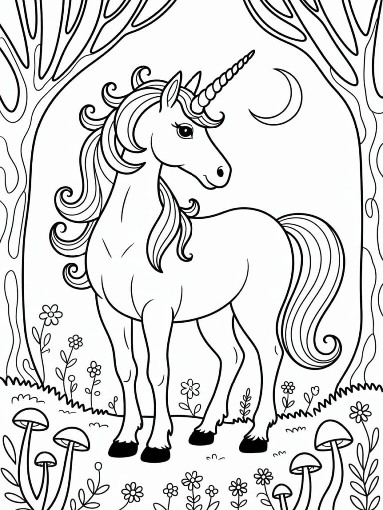Unicorn In Mystical Forest At Night Coloring Page