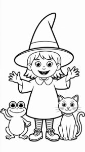 Vrolijke heks met kikker en kat kleurplaten