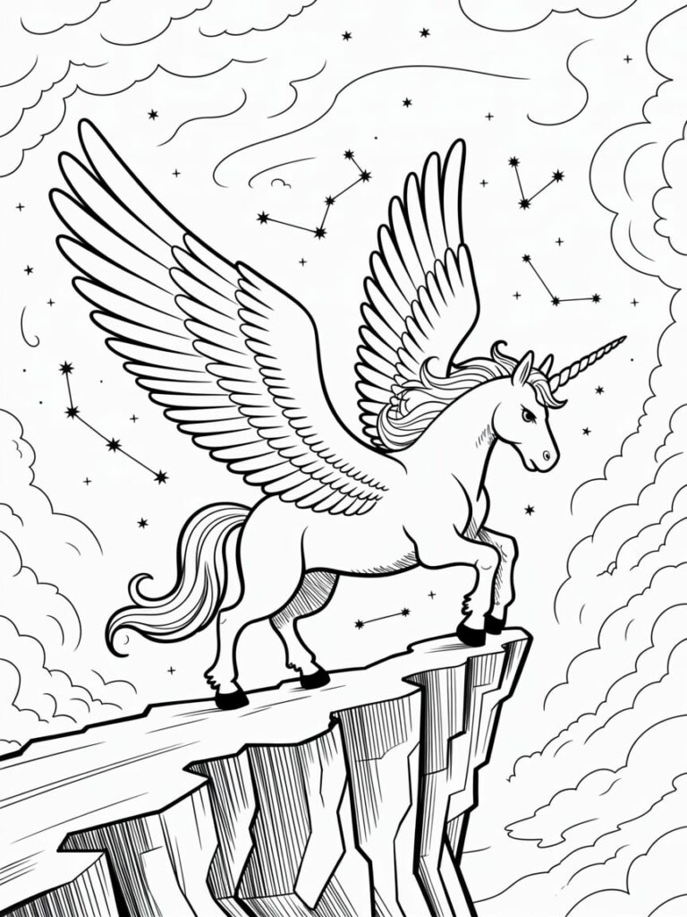 Winged Unicorn On Cliff Under Stars Coloring Page