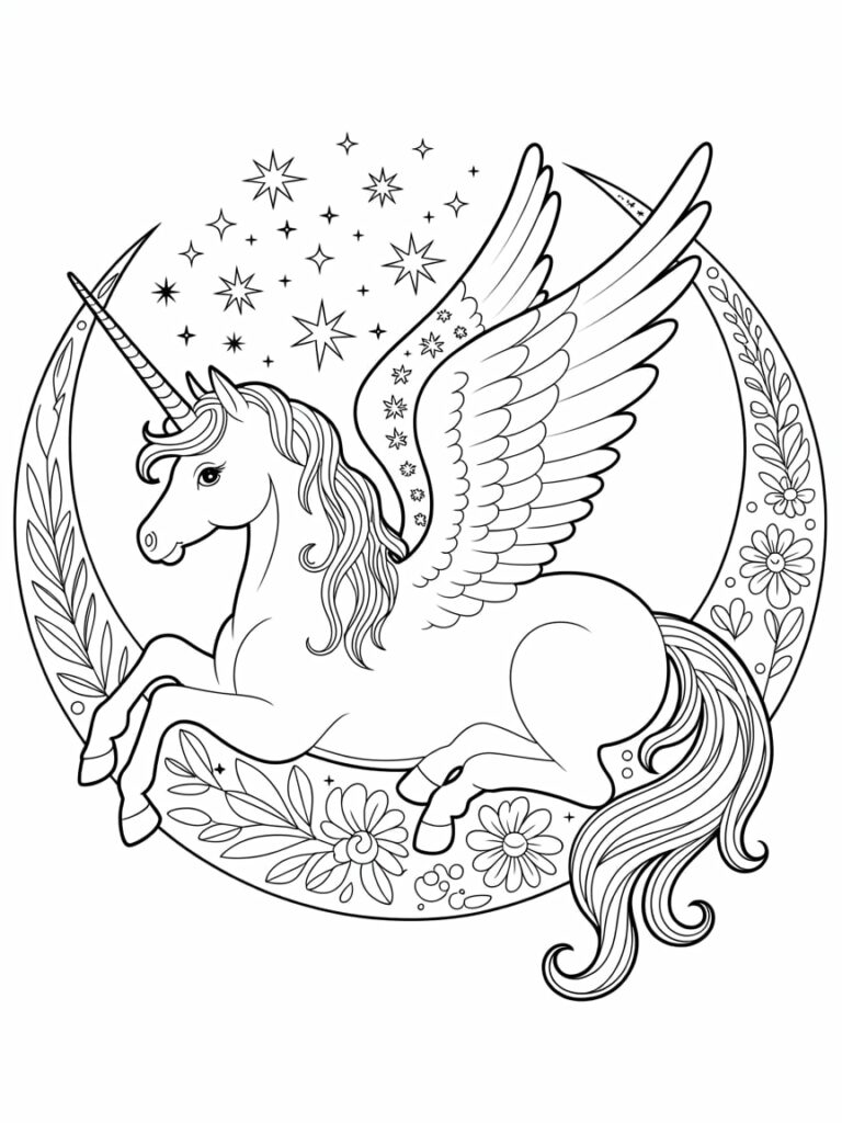Winged Unicorn On Crescent Moon Coloring Page