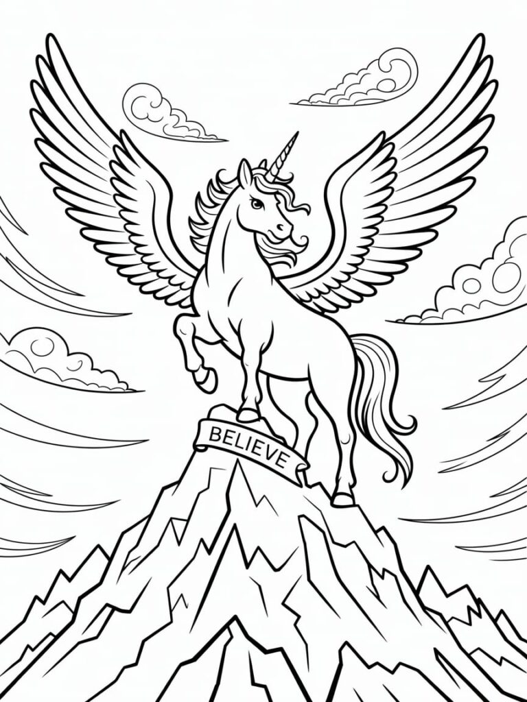 Winged Unicorn Standing On Mountain Coloring Page