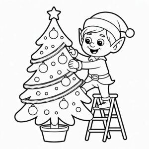 Downloadbare kleurplaat – elf met kerstboom