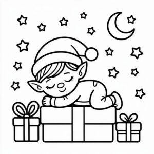 Elf slaapt op een cadeautje kleurplaat PDF